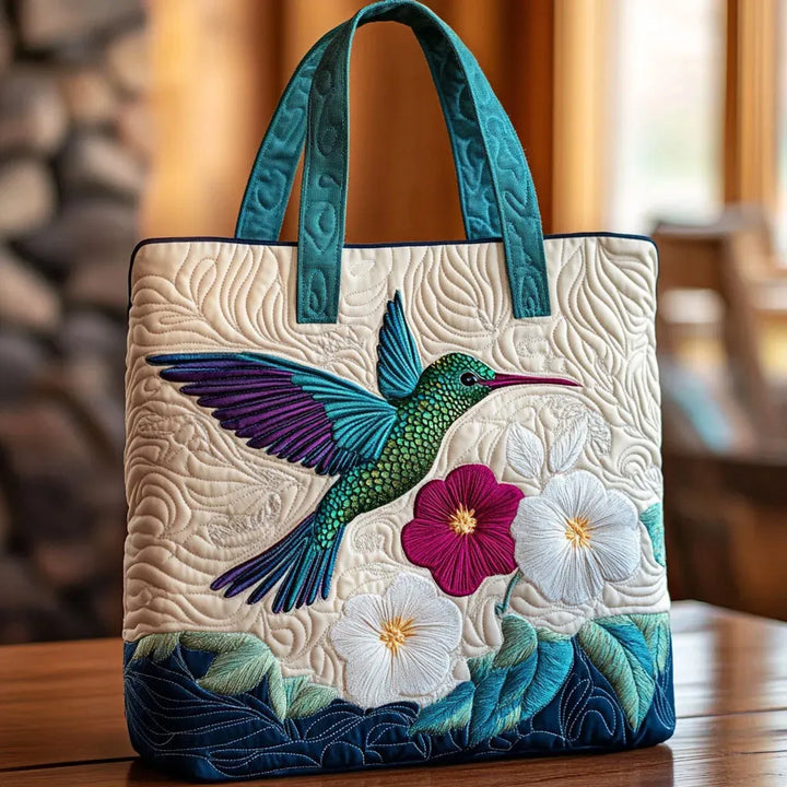 Bolsa de Lona Bordada - Colibri e Flor Branca