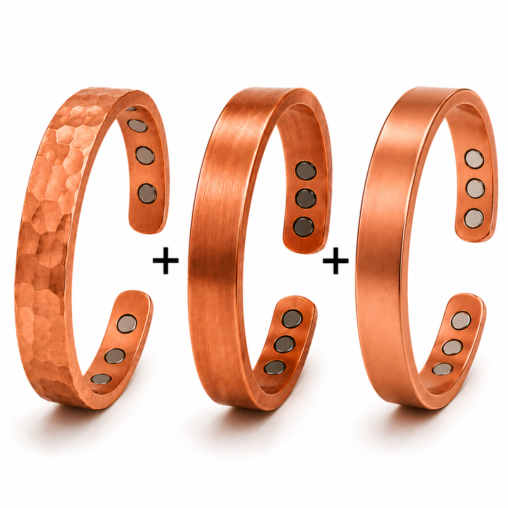 Conjunto Ana Zagreb: 3 Pulseiras Magnéticas de Cobre - Acabamento Fosco, Forjada e Polida