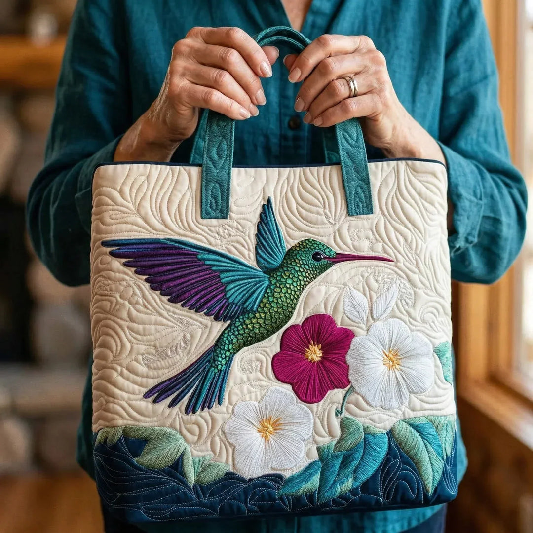 Bolsa de Lona Bordada - Colibri e Flor Branca